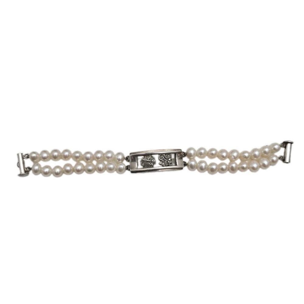 Vintage Mayan Head Sterling Silver Pearl Bracelet 5/8" Wide Signed MO - Picture 8 of 11